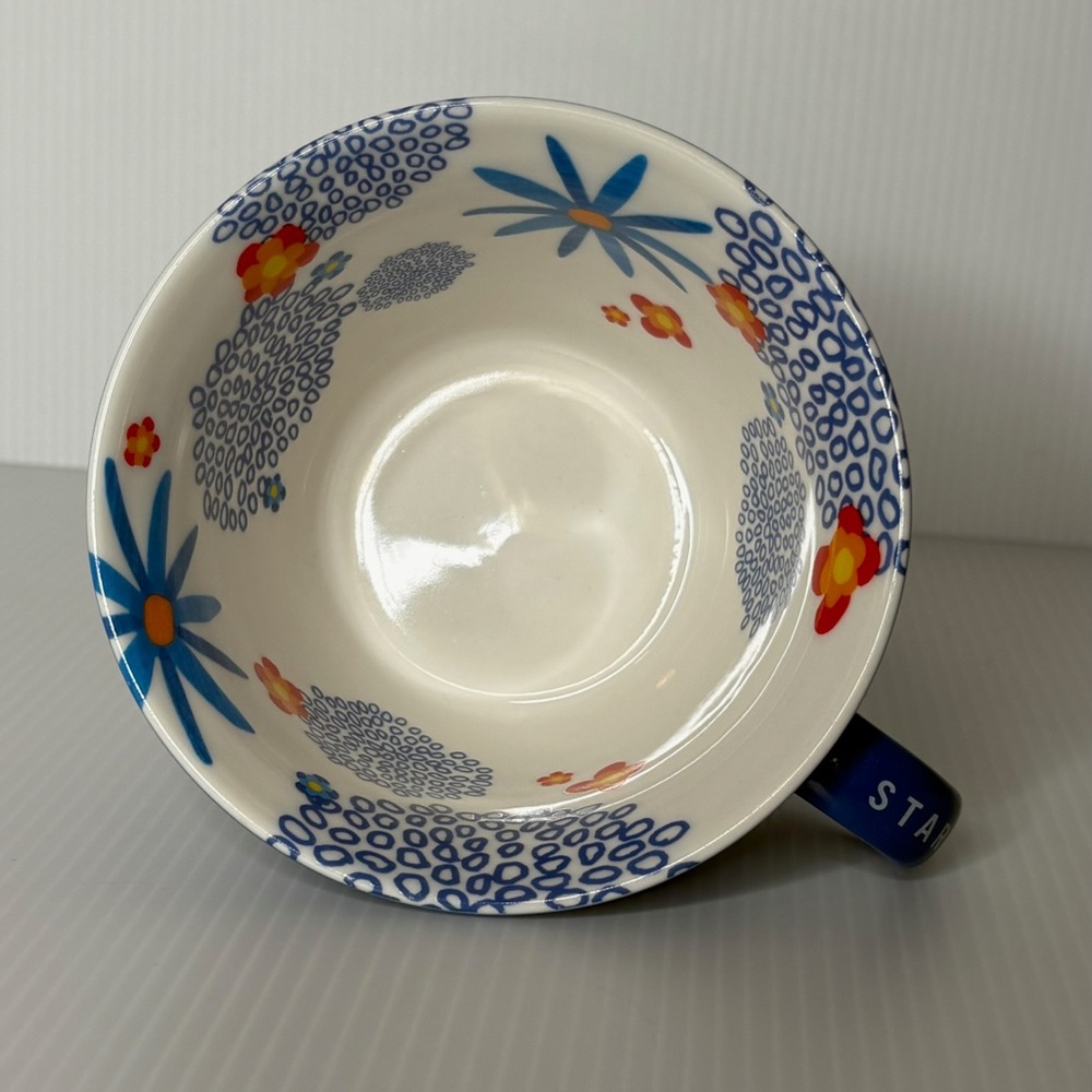 Starbucks Coffee Mug Blue Ribbed Bright Floral Interior Ceramic Whinsical 2007